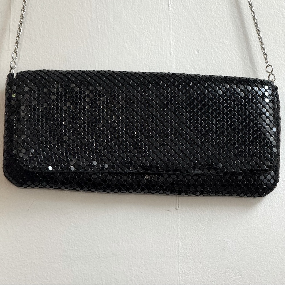 Vintage La Regale Black Metal Mesh Clutch Purse with Silver Chain Strap Y2K